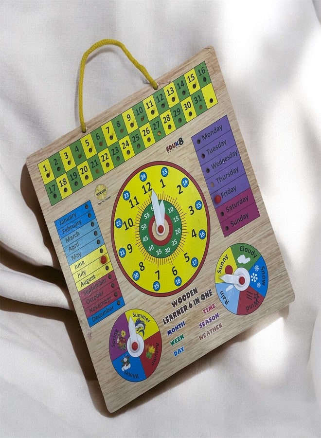 *MUKESH* MUKESH Multifunctional 6 in 1 Wood Clock/Calendar Montessori Analog for Kids, Preschool, Educational, Premium Learning Clock Toy | Multi Color | with 4 Extra PINS | Best for Gifts (BIS Certified) - Image 4